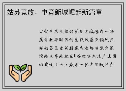 姑苏竞放：电竞新城崛起新篇章